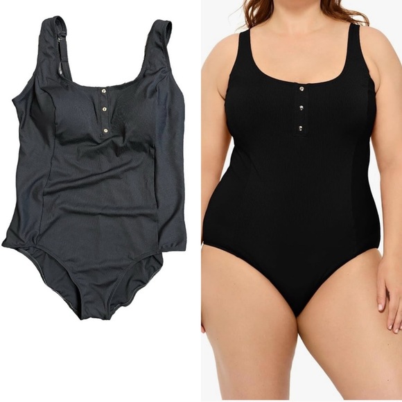 Christina Blue Other - NWT Christina Blue - One-Piece Black Ribbed Bathing Suit Gold Faux Buttons, 24W